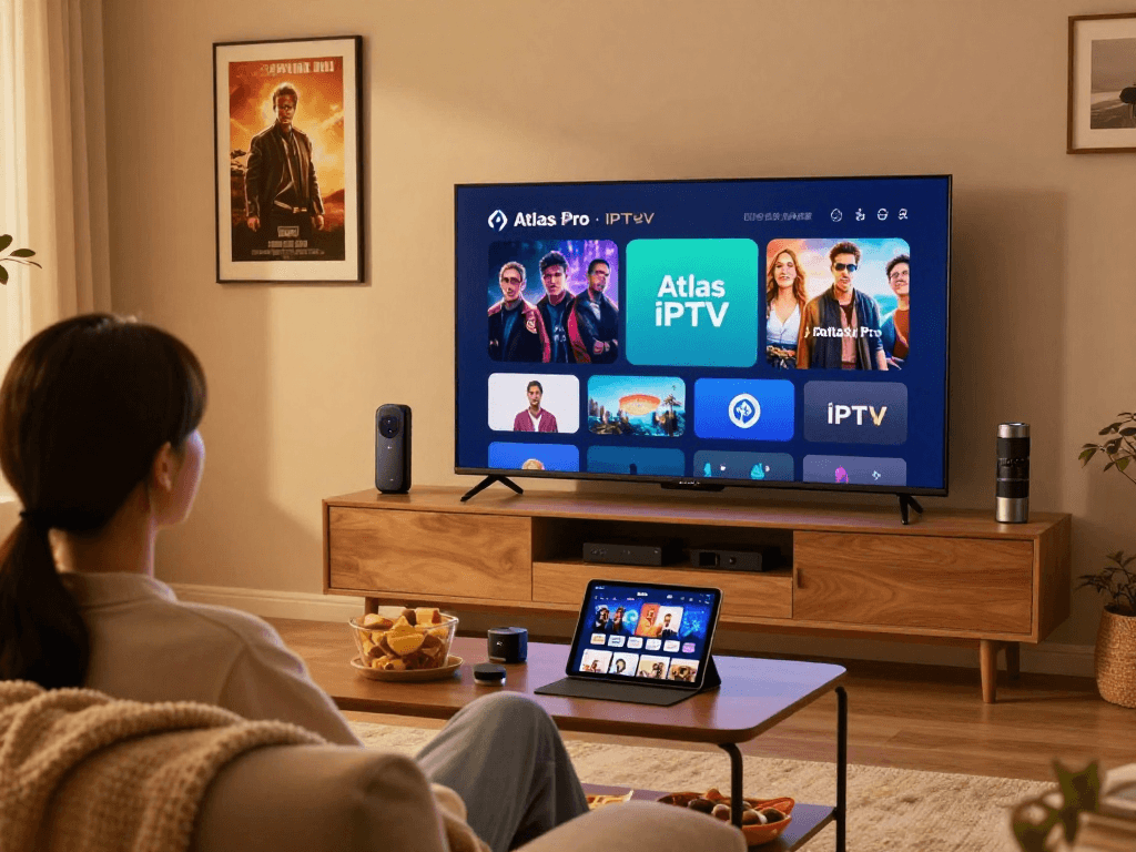 Expérience de streaming avec Atlas Pro sur Smart TV dans un salon chaleureux.