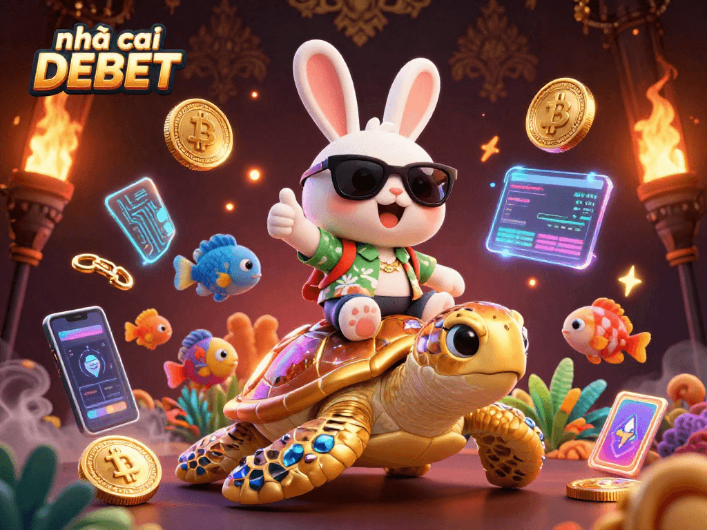 Engage with the vibrant scene of nhà cái DEBET featuring a happy rabbit on a golden turtle amidst cryptocurrency elements.