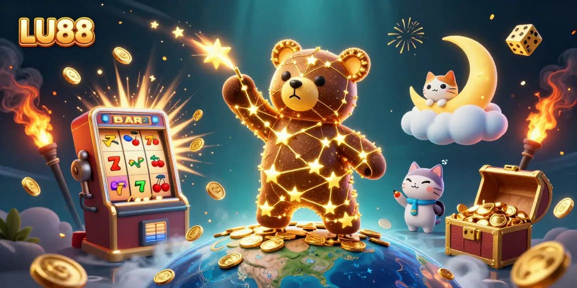 LU88 brings excitement as a constellation bear gathers coins from the sky in this vibrant casino illustration.