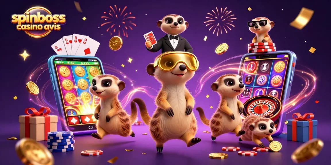 Découvrez spinboss casino avis : une illustration d'une colonie de suricates animant un casino coloré.