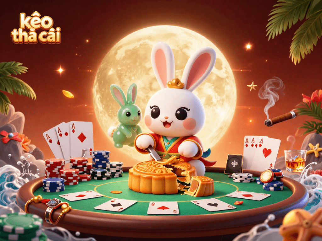 Engage with kèo nhà cái as a moon rabbit plays poker amidst a dazzling lunar backdrop.