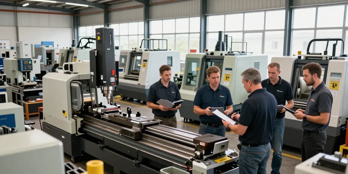 Evaluation of Gebrauchtmaschinen in an industrial warehouse with professionals discussing specifications and machinery.