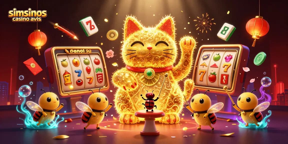 Simsinos casino avis : ambiance vibrante avec un chat porte-bonheur formé de lucioles dorées dans une scène de casino