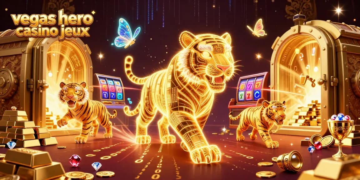 Découvrez les jeux de Vegas Hero Casino, avec un tigre lumineux dans un paysage de casino dynamique.