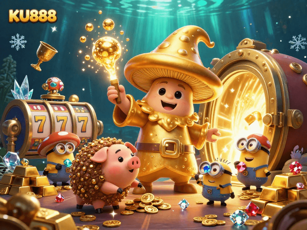 Engage with KU888's vibrant golden treasure casino scene filled with joyful characters and riches.