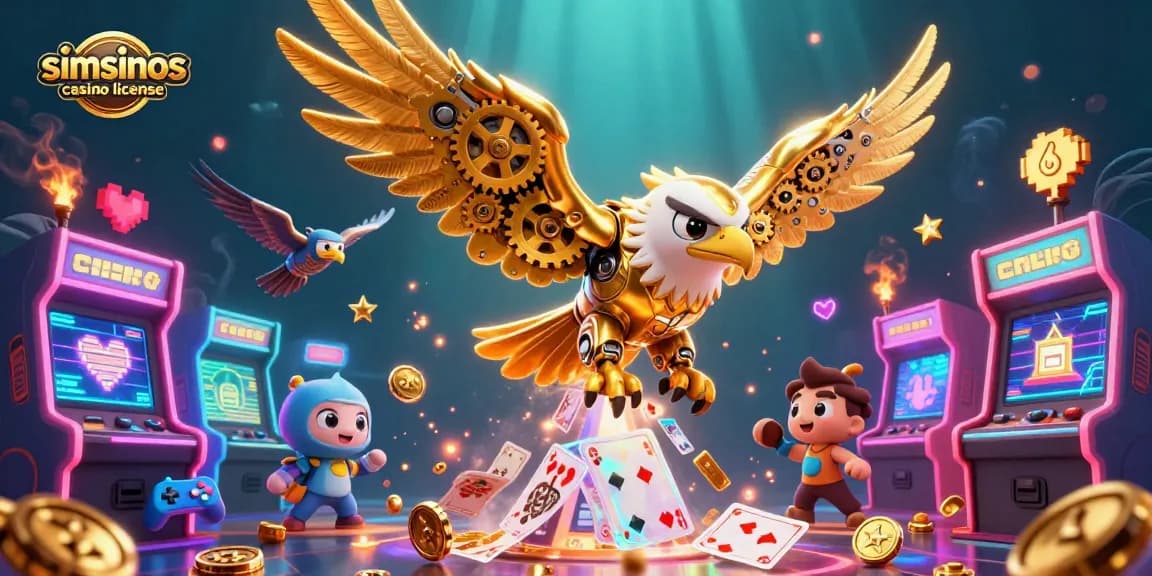 Plongez dans l'univers du simsinos casino licence avec une illustration dynamique d'un aigle cybernétique et cartes holographiques.