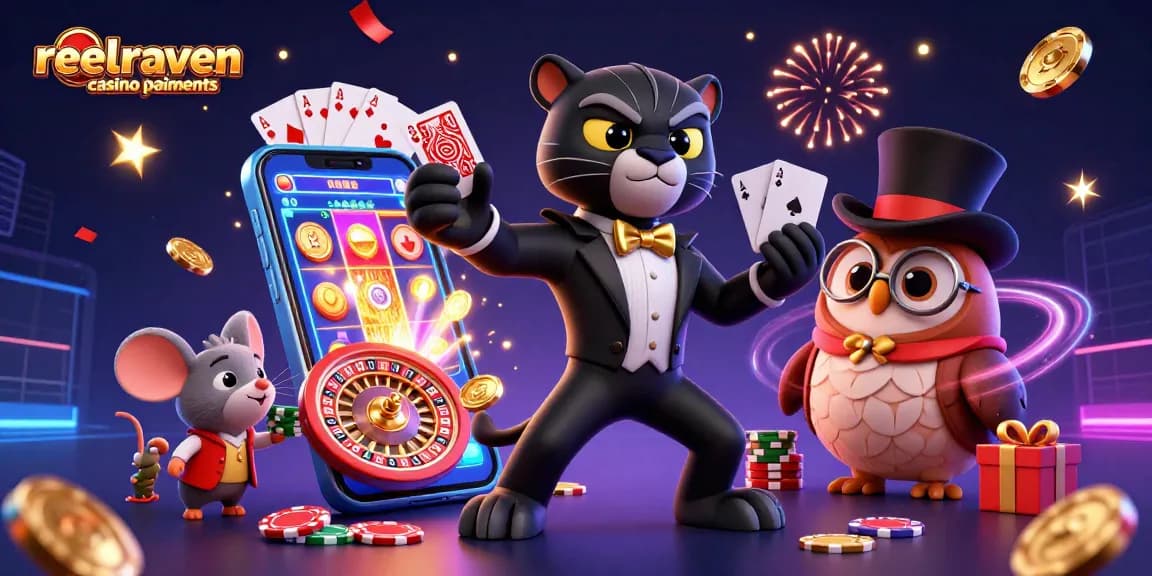 Visuel dynamique de reelraven casino paiements illustrant un panthère élégante et des personnages ludiques dans un casino vibrant.