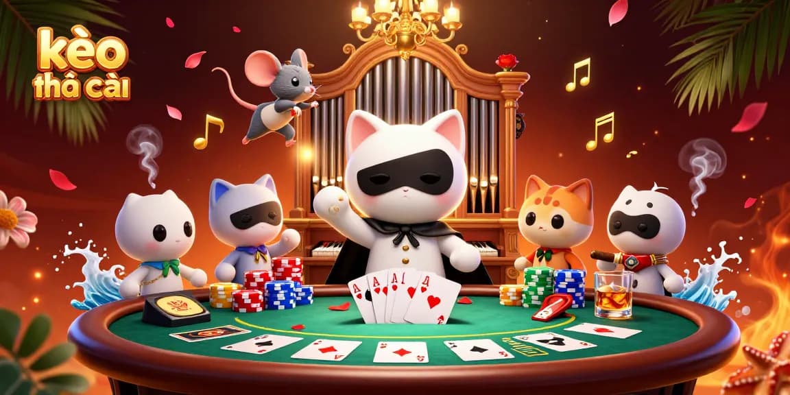 Engage in kèo nhà cái with a 3D illustration of a cat organist amidst cinematic casino elements.