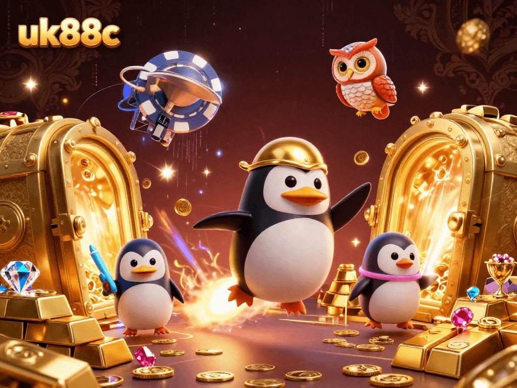 Experience the excitement of uk88c with a lively scene of a golden penguin and treasures in a casino cosmos.