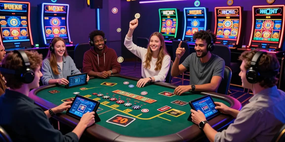 Scène d'un casino crypto en ligne avec des joueurs engagés autour de jeux variés, ambiance lumineuse et festive.