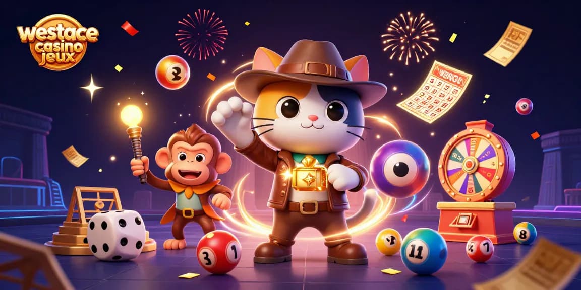 Découvrez les jeux captivants de westace casino jeux à travers une illustration dynamique remplie d'énergie.