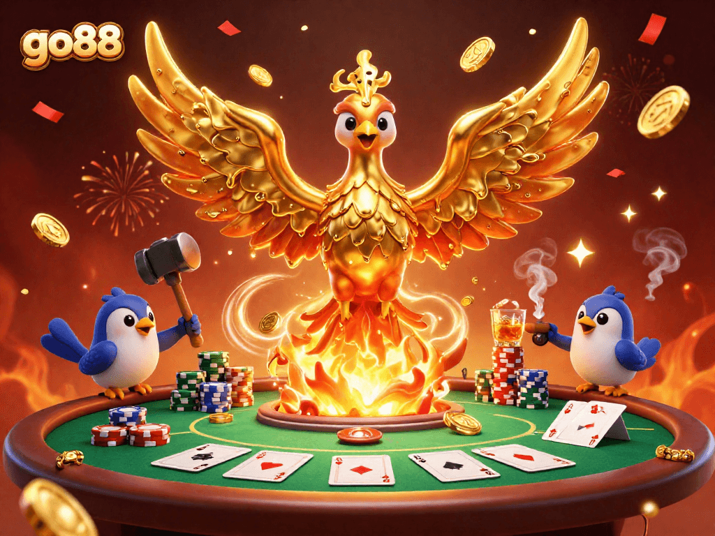 go88 showcases a golden phoenix emerging from coins at a poker table, celebrating wins.