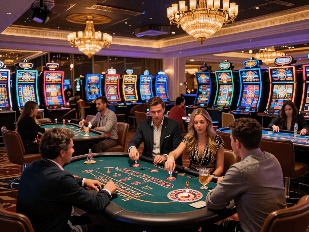 Atmosphère dynamique dans un casino en ligne avec des joueurs aux tables de jeux, ambiance festive et éclairage vibrant.