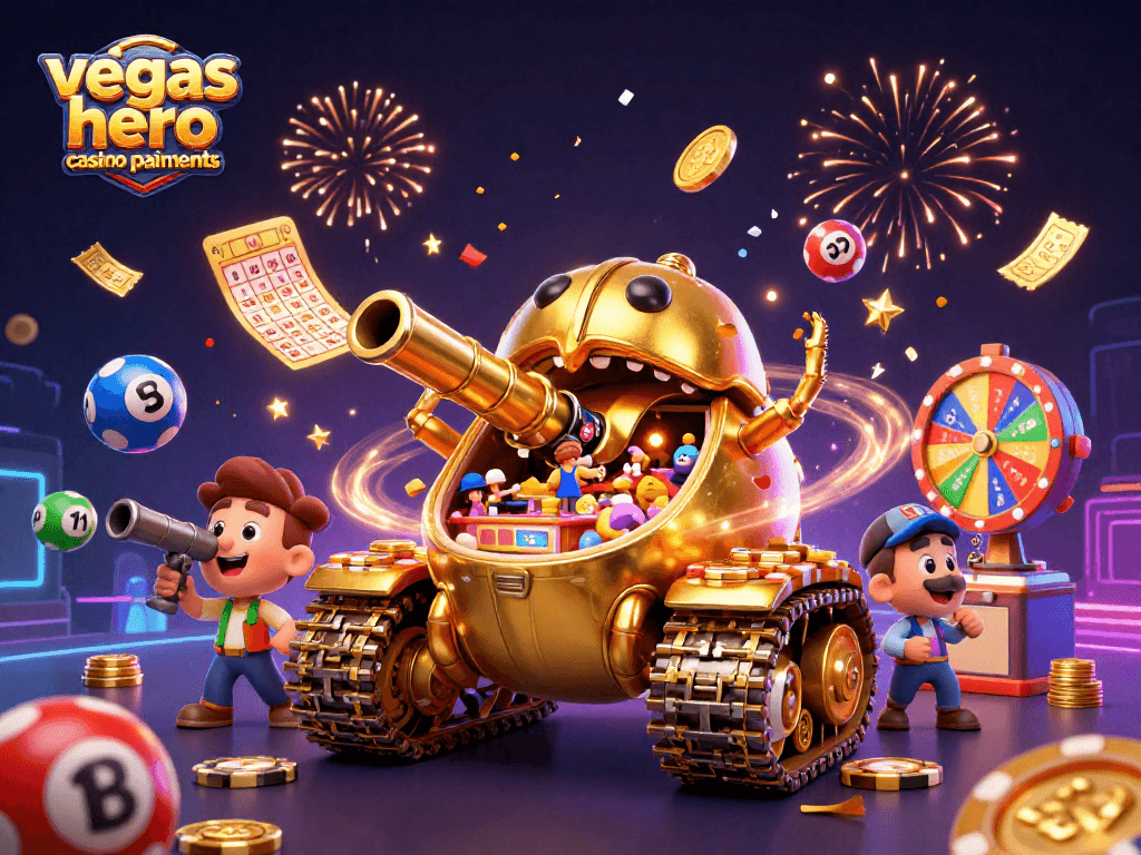 Vivez l'expérience des paiements du Vegas Hero Casino avec ce tank doré en 3D révélant un casino miniature plein de surprises.