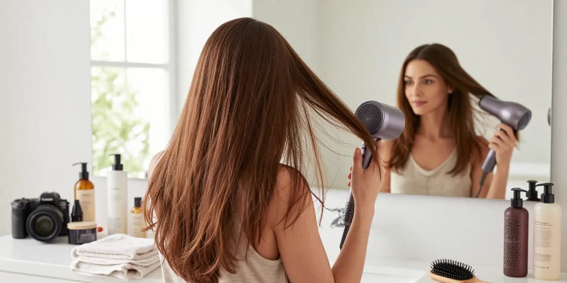 Femme utilisant un sèche-cheveux tourmaline pour coiffer ses cheveux, ambiance soignée et lumineuse.