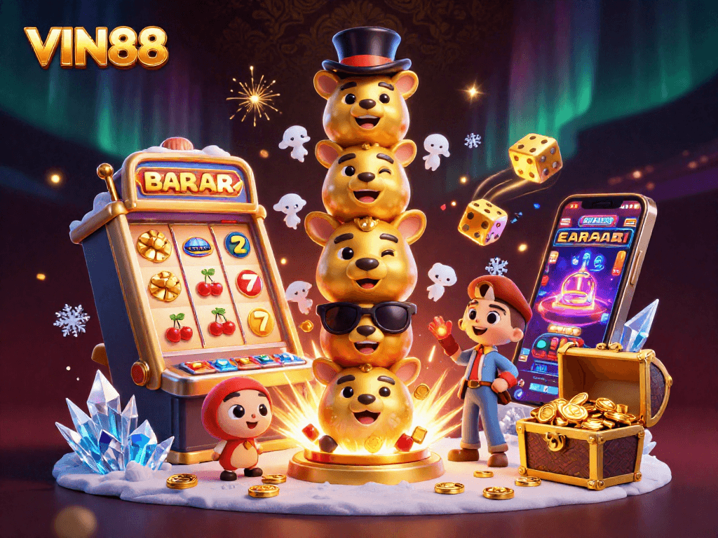Experience VIN88's immersive gaming with a vibrant casino illustration featuring dynamic slot machines and golden totems.