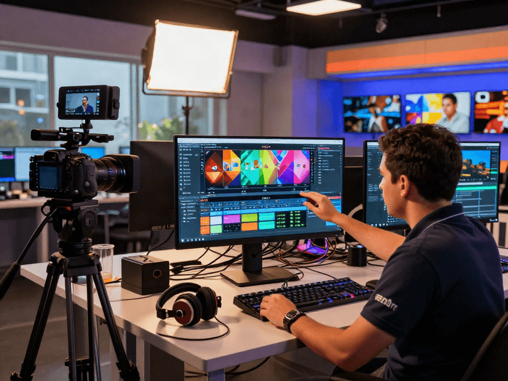 Opérateur ajustant les paramètres de diffusion en direct sur l'interface Atlas pro ontv dans un studio numérique moderne.
