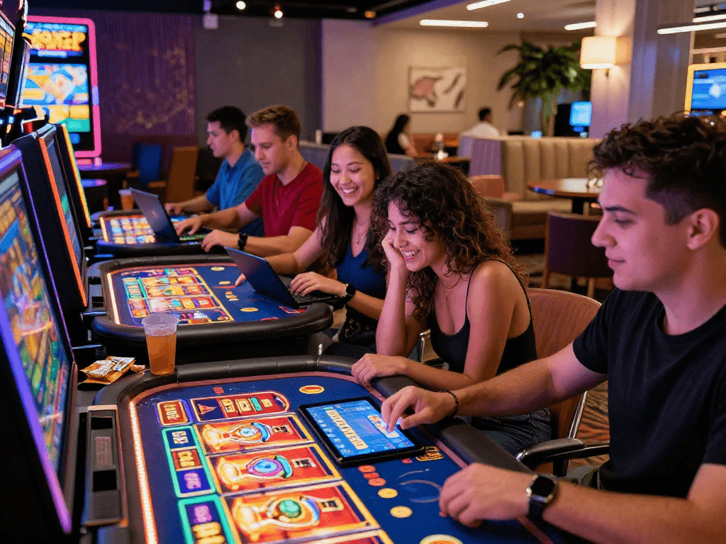Scène de casino en ligne avec joueurs captivés profitant d'une expérience de jeu dynamique et engageante.