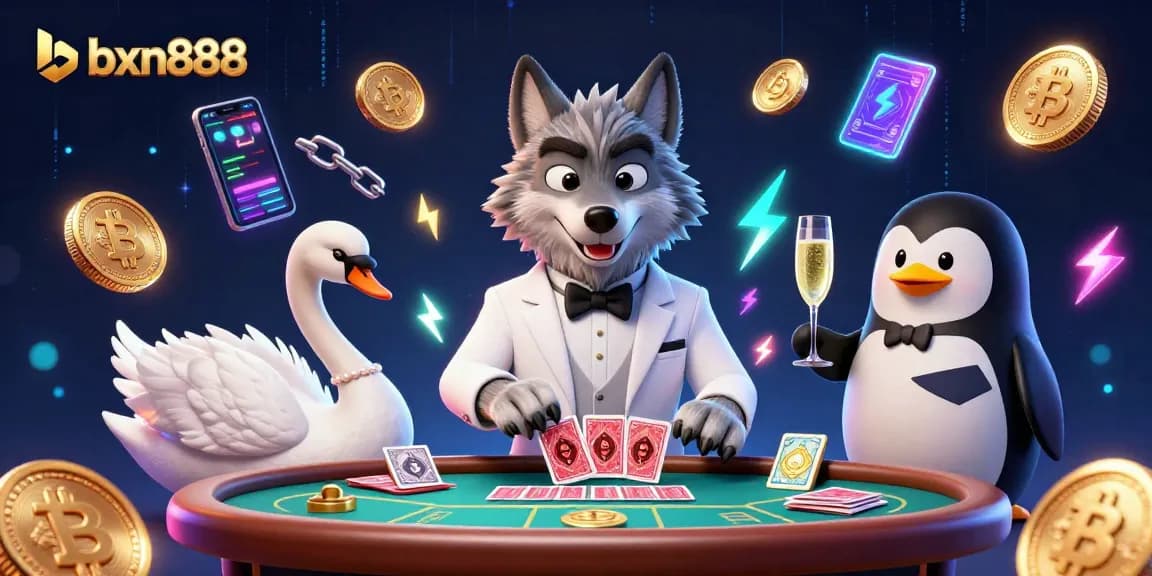 Join the fun at bxn888 with a 3D wolf, swan, and penguin enjoying baccarat and crypto!
