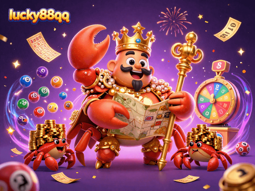 Engage with lucky88qq's vibrant casino world featuring a golden crab emperor surrounded by lottery elements.