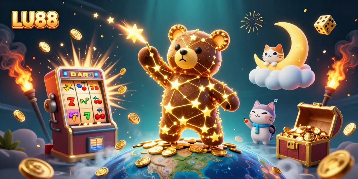 LU88 brings excitement as a constellation bear gathers coins from the sky in this vibrant casino illustration.