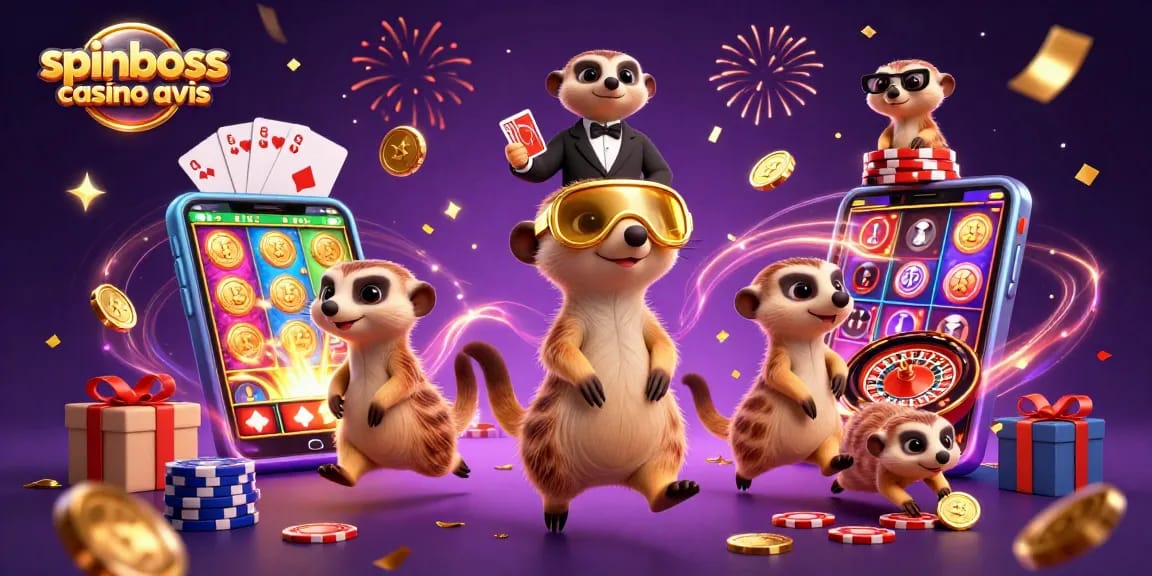 Découvrez spinboss casino avis : une illustration d'une colonie de suricates animant un casino coloré.
