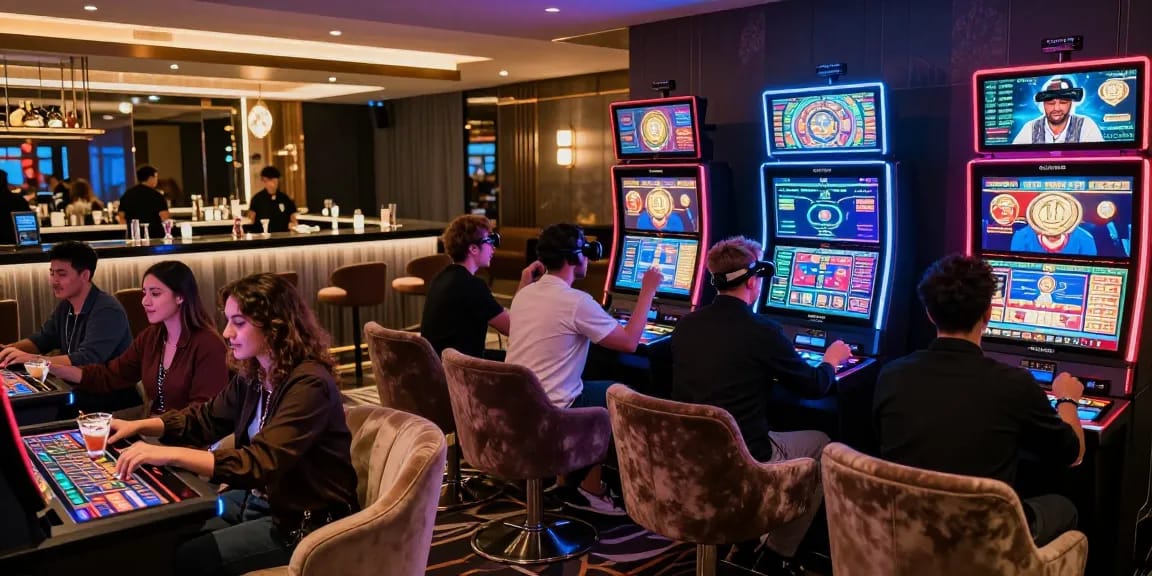 Ambiance d'un casino crypto avec une liste de jeux et machines à sous colorées.