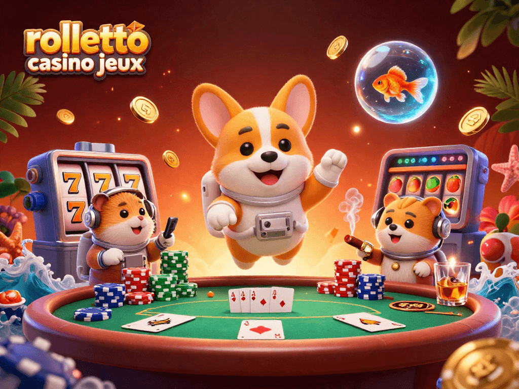 Découvrez les jeux de casino Rolletto avec un corgi astronaute flottant dans un casino spatial, entouré de jetons et de gains