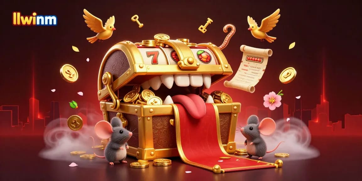 Engage with llwinm's thrilling gaming adventures featuring a golden treasure chest and dynamic casino elements.