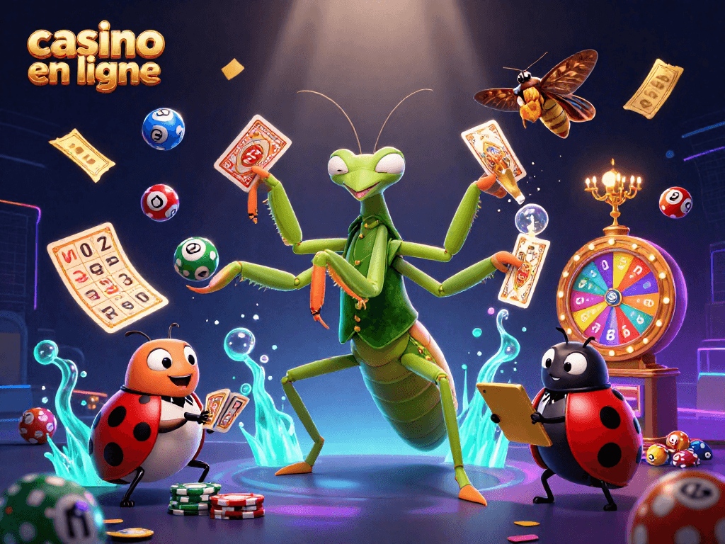 Un casino en ligne vibrant mettant en scène un mand insecte et une coccinelle, entourés d'éléments dynamiques.