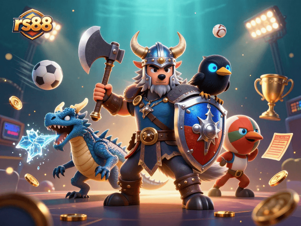 Experience thrilling action at rs88 with a cartoon Viking warrior and dragon, encapsulating online gaming excitement.