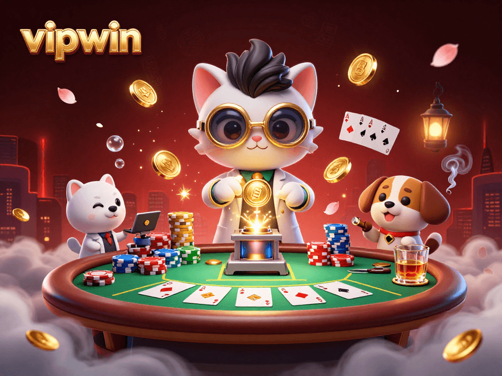 Experience casino adventure at vipwin with a mad scientist cat and a loyal dog in a lively poker lab setting.