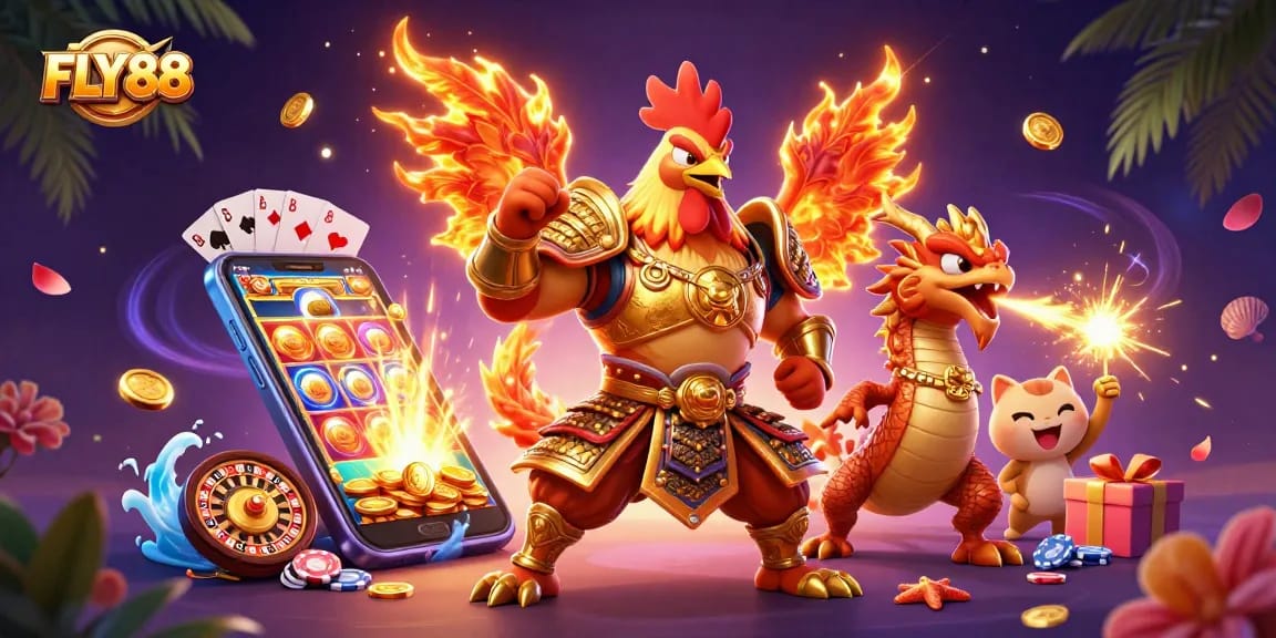 Experience thrilling wins with FLY88's dynamic 3D illustration showcasing vibrant casino gaming action.