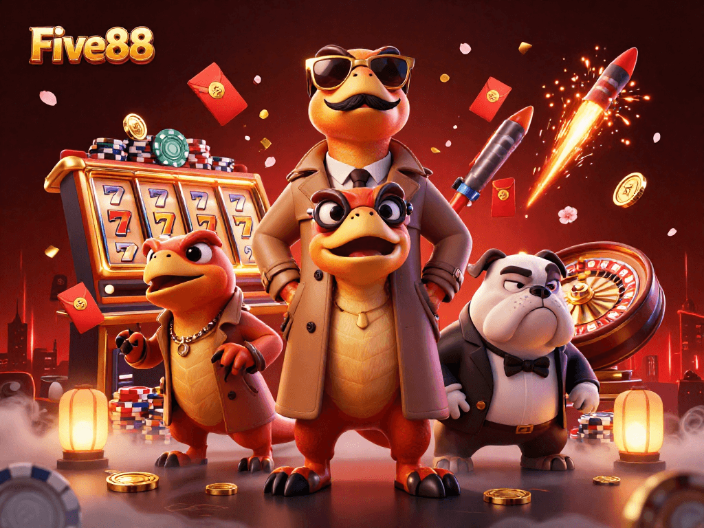 Five88 showcases three cartoon raptors trying to enter a VIP Casino with poker chips and slot reels.