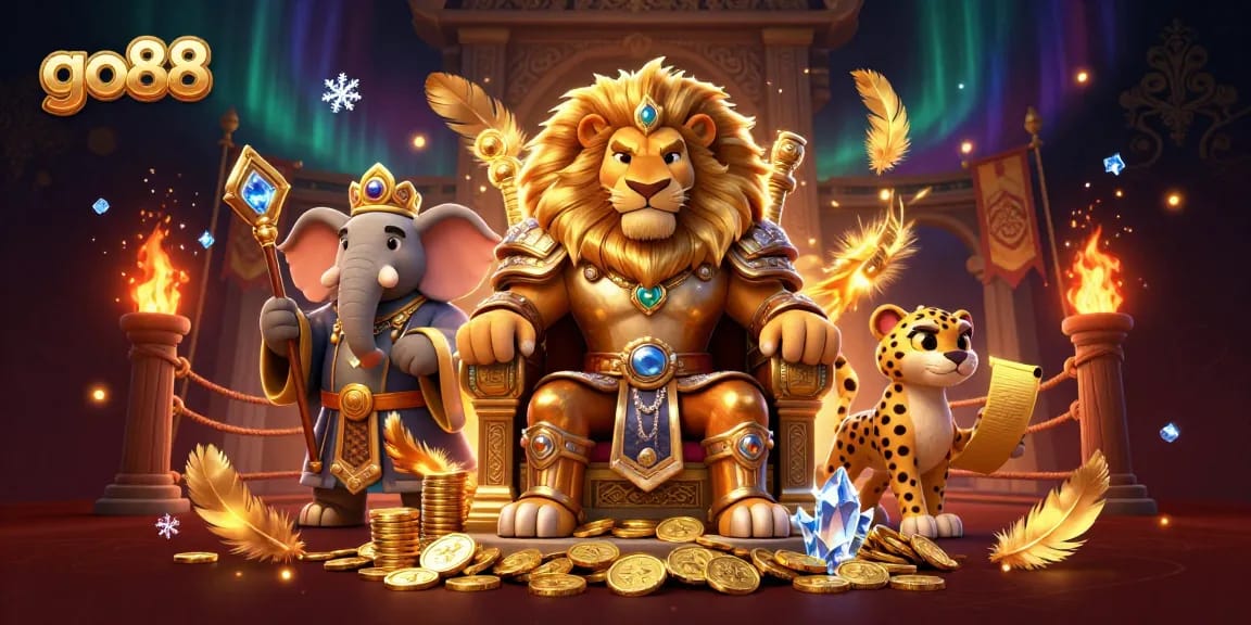 Engage with go88's vibrant casino world featuring royal characters and rich game elements.