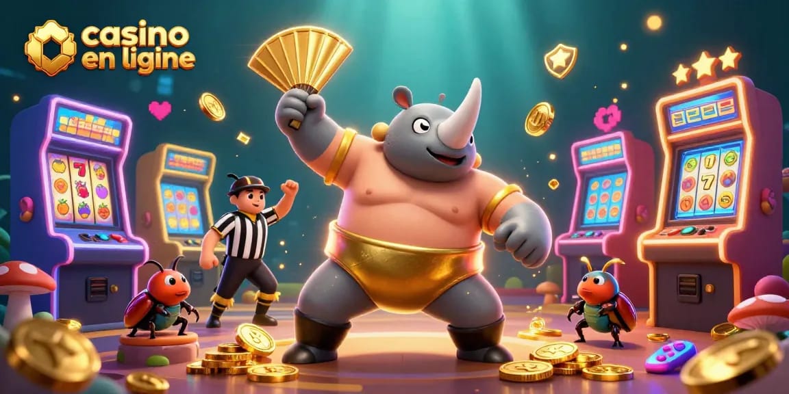 Ce casino en ligne animé montre un scarabée rhinocéros sumo jonglant avec des pièces d'or, entouré de machines à sous colorées.