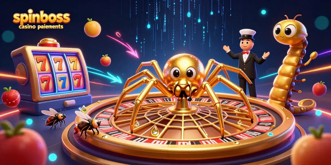 Visualisez les méthodes de paiement spinboss casino paiements avec une araignée dorée et un croupier centipède.
