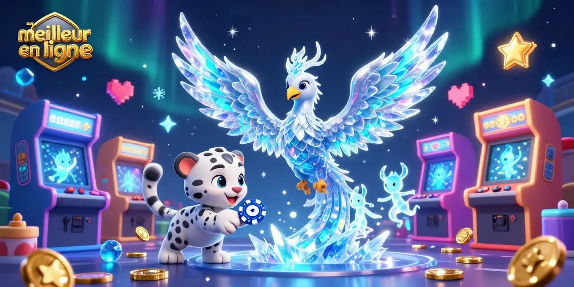 Jouez au meilleur casino en ligne avec l'illustration d'un phoenix de glace et d'un enfant léopard.
