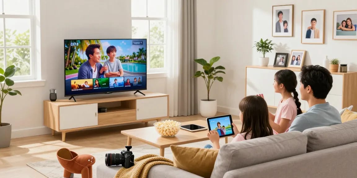 Famille utilisant Atlas pro ontv sur un téléviseur grand écran et appareils mobiles, ambiance chaleureuse.