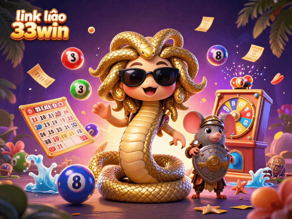 Engage with link vào 33win through an exciting vibrant lottery and bingo scene filled with action and colorful elements.