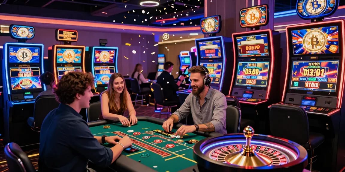 Visualisation d'un casino en ligne retrait immédiat avec des joueurs heureux et des machines à sous lumineuses.