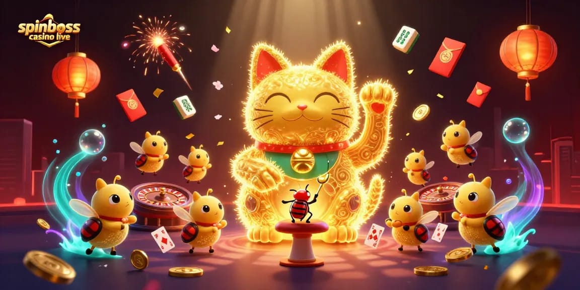 Vivez l'excitation du spinboss casino live avec un chat porte-bonheur animé au milieu de symboles de casino.