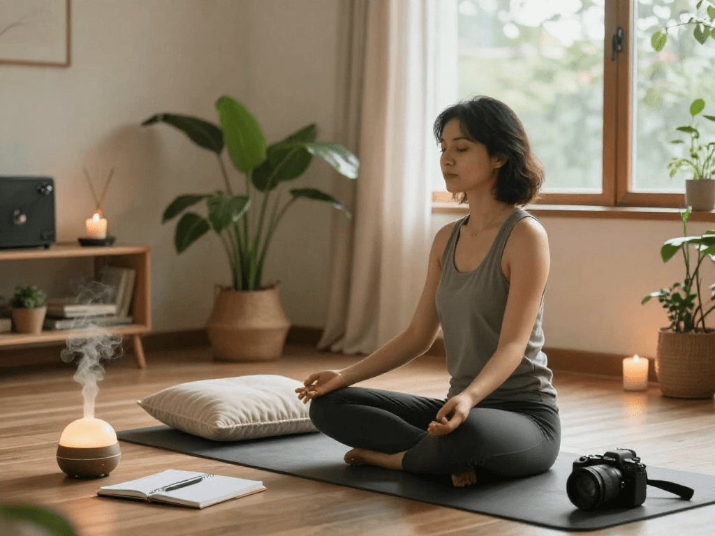 Embracing the nohu life through meditation in a tranquil home setting, highlighting wellness and mindfulness