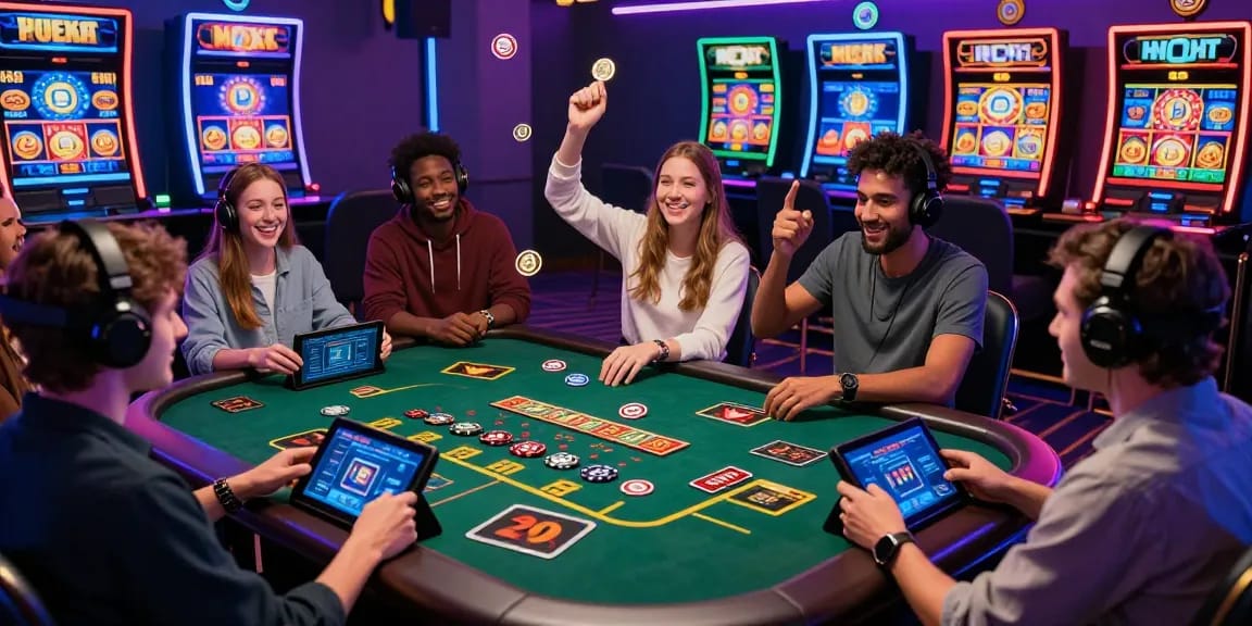 Scène d'un casino crypto en ligne avec des joueurs engagés autour de jeux variés, ambiance lumineuse et festive.