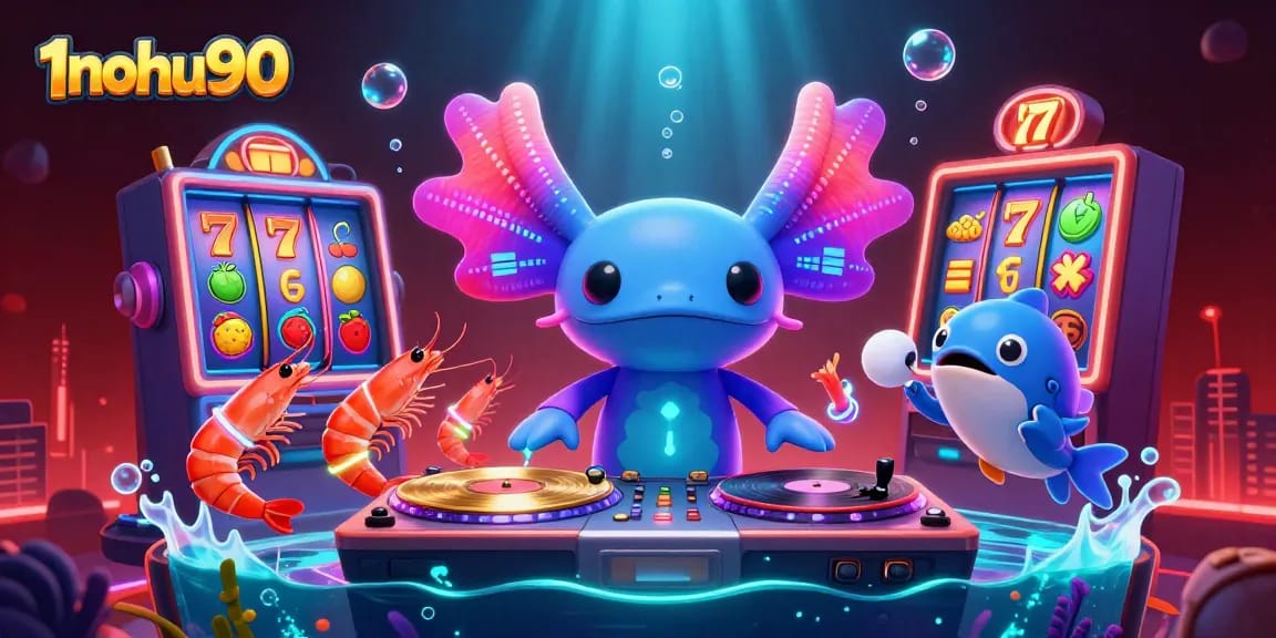 Experience 1nohu90 with a vibrant 3D underwater casino scene featuring an axolotl DJ and exciting gaming elements.
