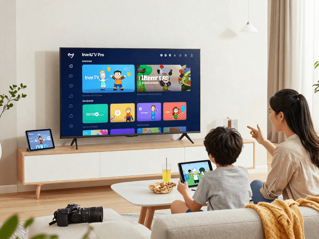 Famille profitant de l'abonnement Iron TV Pro sur un Smart TV dans un salon moderne.