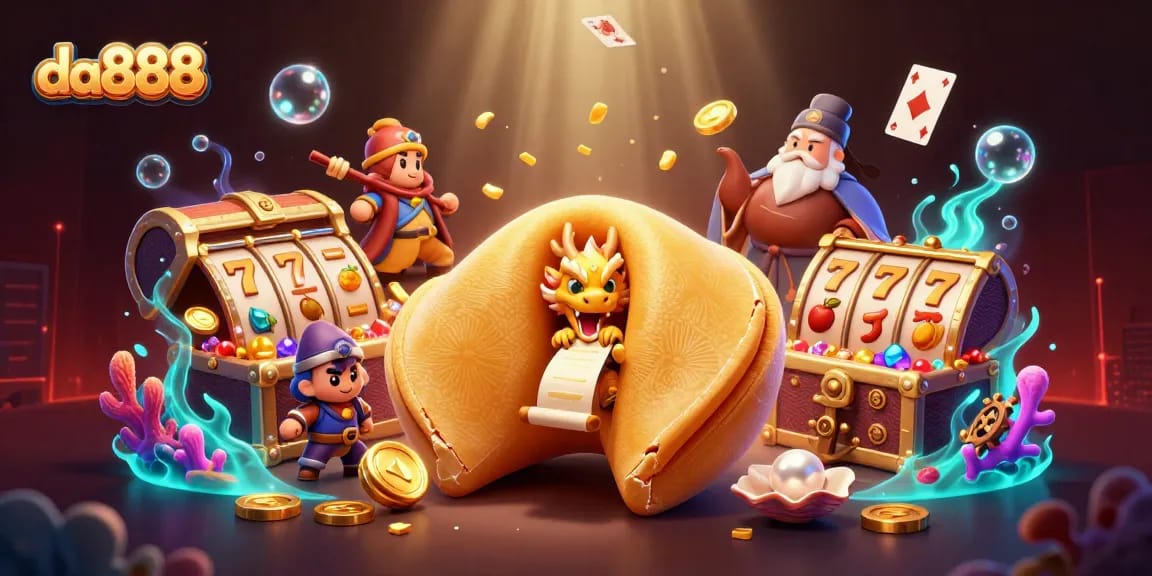 Experience thrilling wins with da888 as the fortune cookie and dragon bring prosperity in this vibrant slot scene.