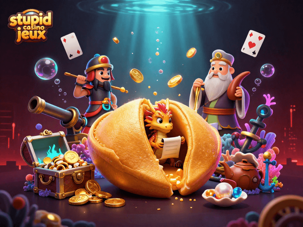 Profitez des jeux Stupid Casino avec une illustration dynamique illustrant des thèmes de fortune et de chance.
