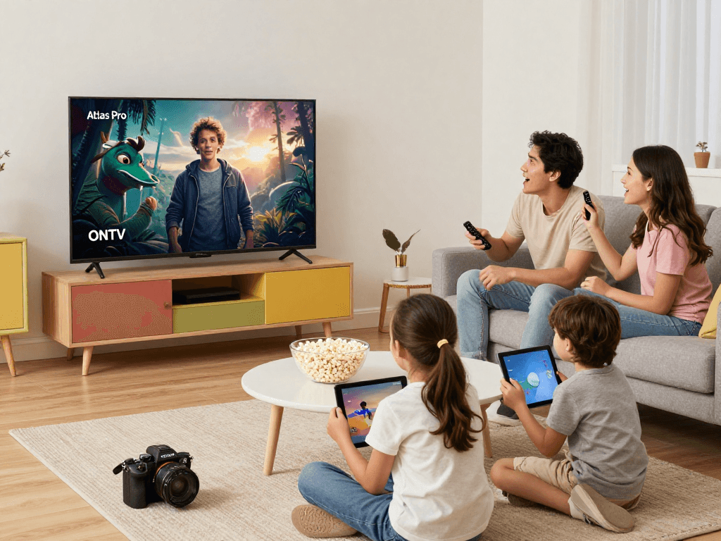 Famille profitant d'Atlas pro ontv dans un salon moderne, regardant des films en streaming.