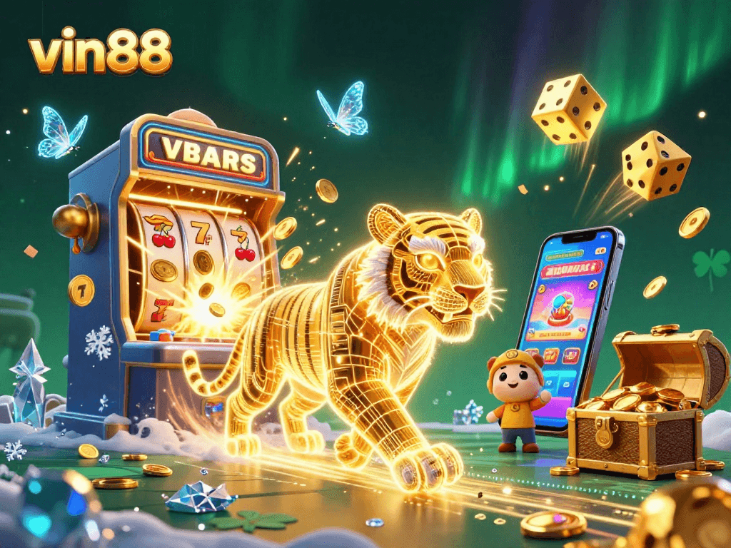 Experience exhilarating wins at vin88 with a neon-wireframe tiger showcasing jackpots and games.